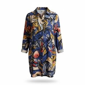 John Mark Tunic Top Button Front Floral Multicolor Rayon  XL Eclectic Art Boho